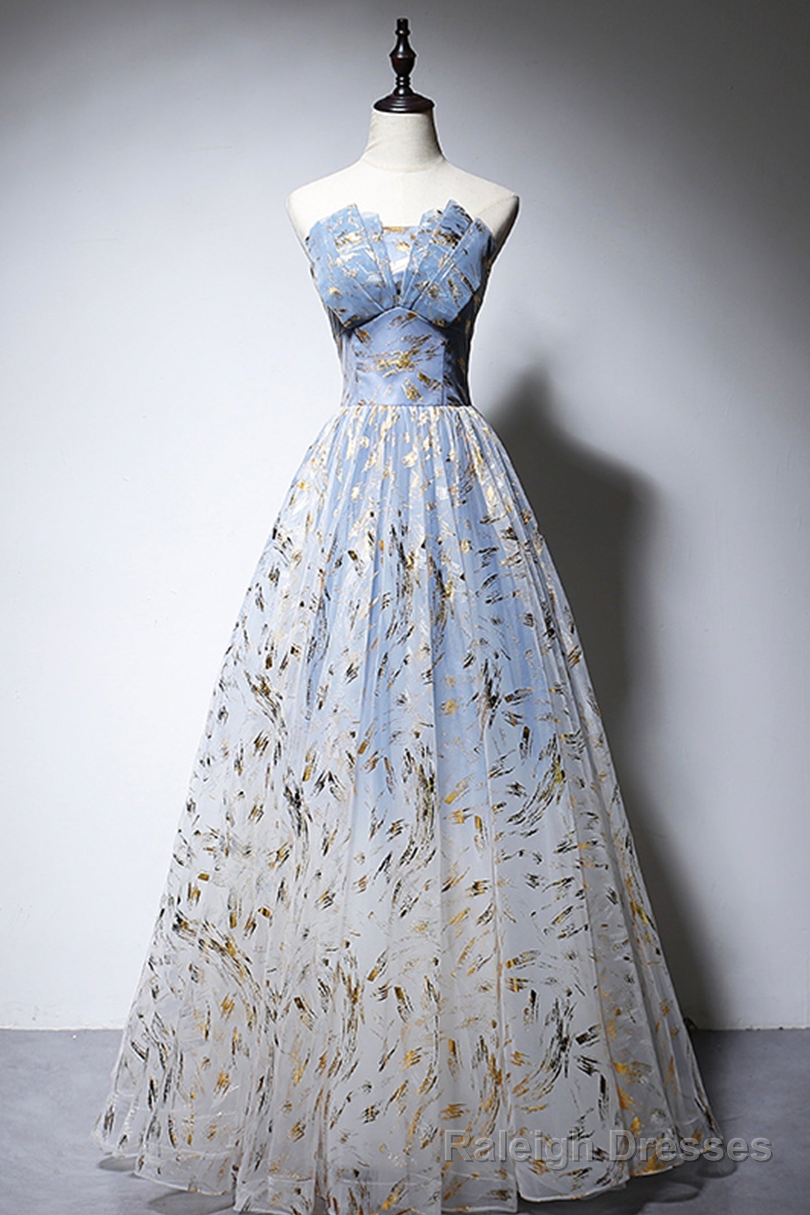 Blue Strapless Ombre Tulle Long Prom Dresses, A-Line Evening Dresses