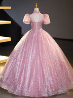 Pink Tulle and Lace Long Prom Dress with Sequins, Beautiful A Line Sweet 16 Dress