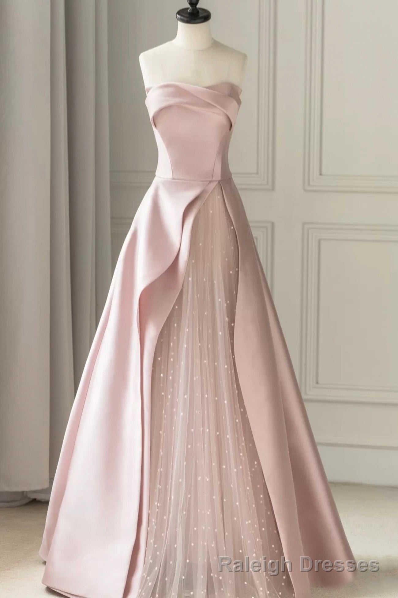 Pink Strapless Satin Floor Length Prom Dress, A-Line Formal Evening Dress