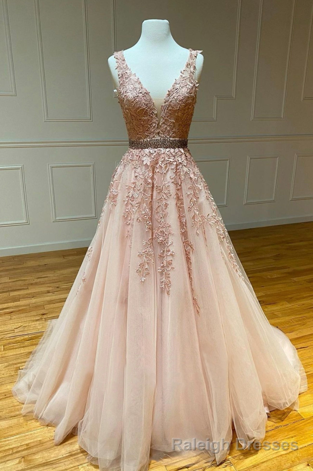 Pink V Neck Lace Long Prom Dresses, A Line Tulle Graduation Dresses