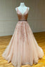 Pink V Neck Lace Long Prom Dresses, A Line Tulle Graduation Dresses
