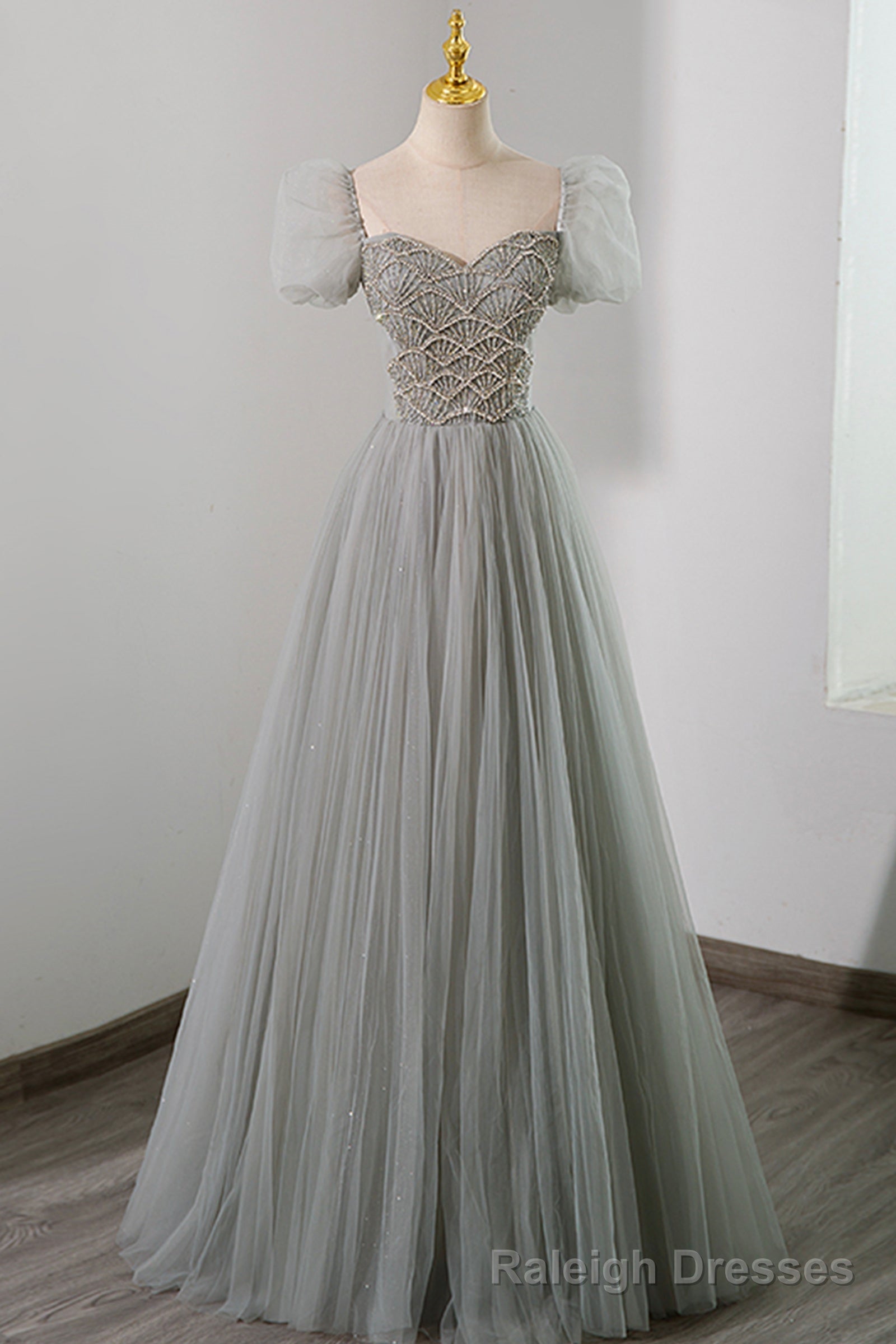 Gray Tulle Beading Long Prom Dress, A Line Short Sleeve Prom Dress