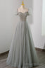 Gray Tulle Beading Long Prom Dress, A Line Short Sleeve Prom Dress