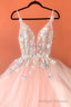 Pink V-Neck Tulle Lace Long Prom Dresses, Pink Evening Dresses