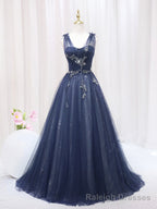 Blue Tulle Beaded Long Prom Dress, Blue Evening Party Dress