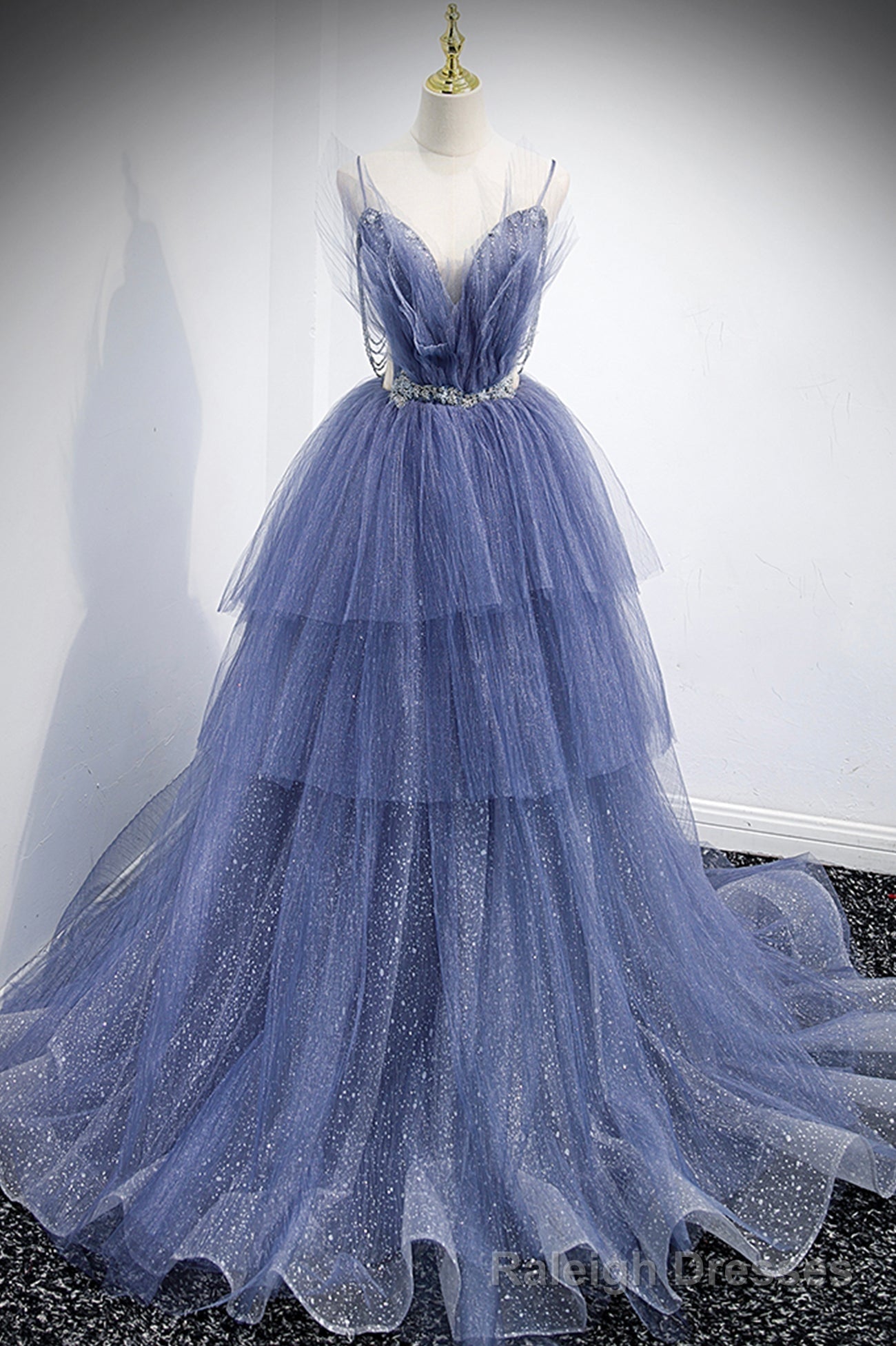 Blue Layers Tulle Long Prom Dresses, A-Line Spaghetti Straps Evening Dresses
