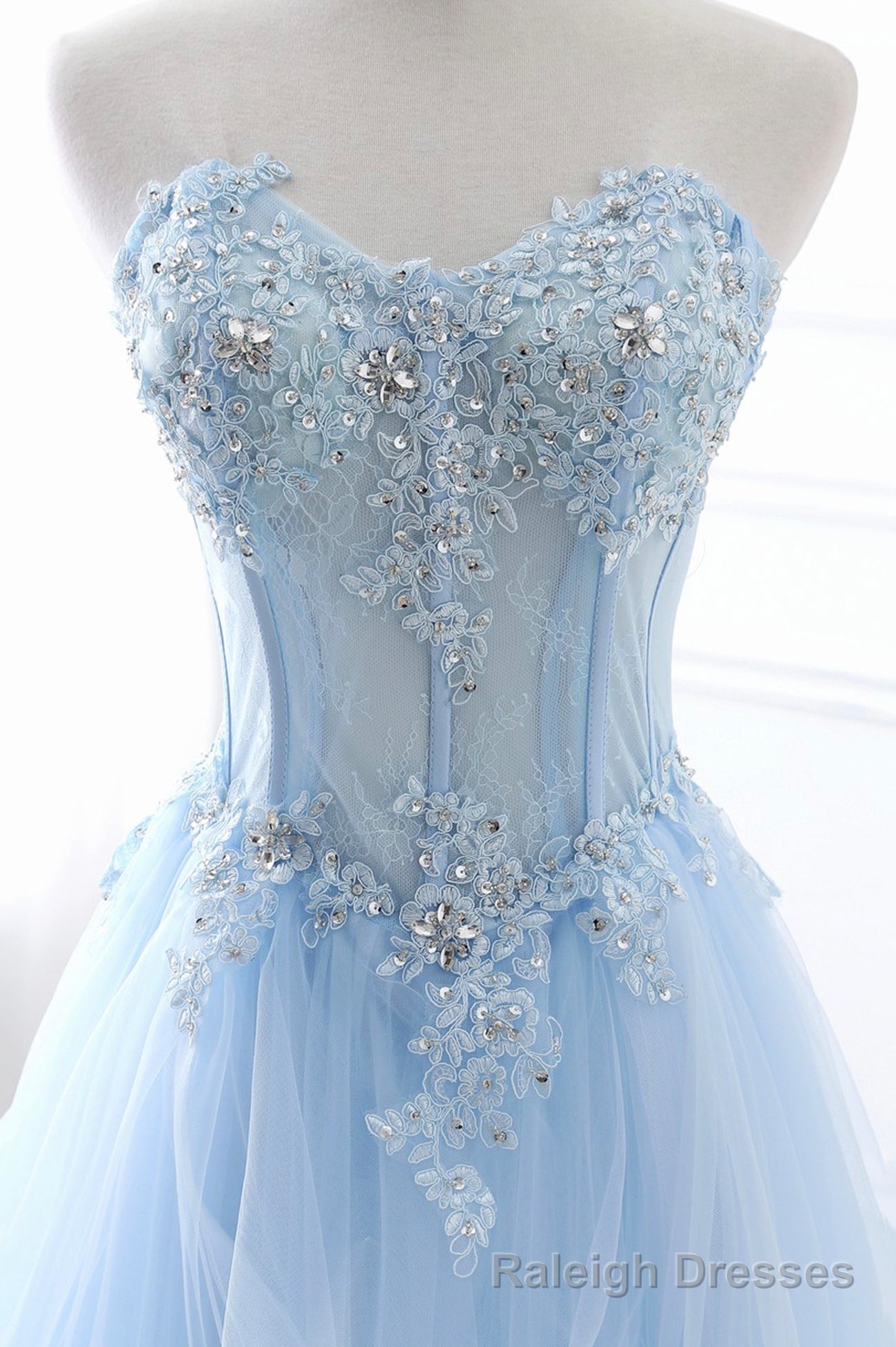 Blue Strapless Tulle Lace Long A-Line Prom Dress, Blue Evening Dress Secondary image