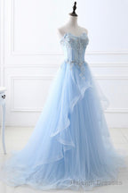 Blue Strapless Tulle Lace Long A Line Prom Dress, Blue Prom Dress
