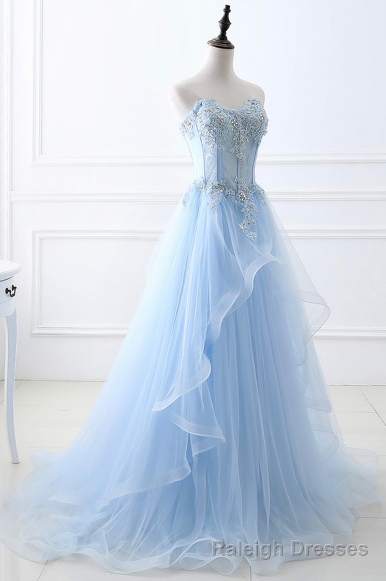 Blue Strapless Tulle Lace Long A Line Prom Dress, Blue Prom Dress