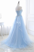 Blue Strapless Tulle Lace Long A Line Prom Dress, Blue Prom Dress