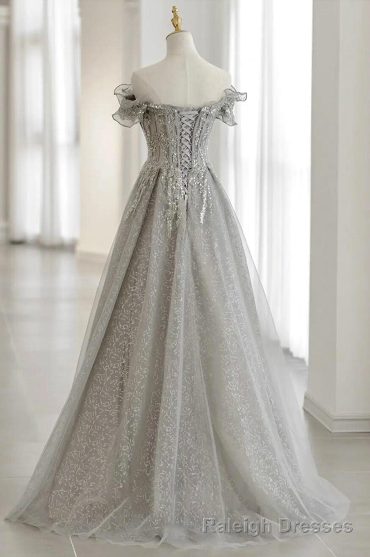 Grey Tulle Sequins Long A-Line Prom Dresses, Off the Shoulder Evening Dresses Secondary image