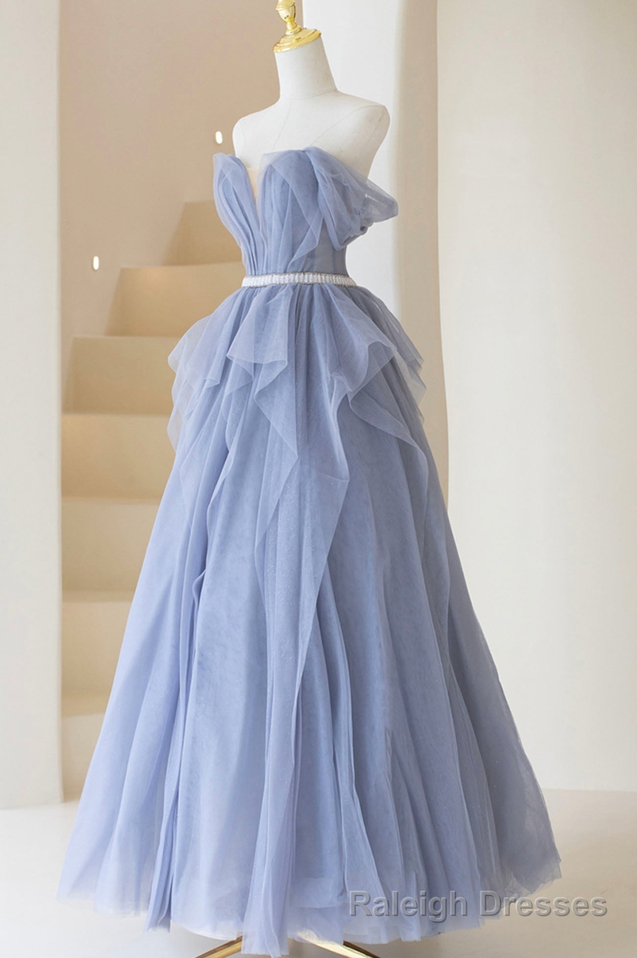 Blue Off Shoulder Tulle Long Formal Dress, A-Line Blue Evening Dress Secondary image