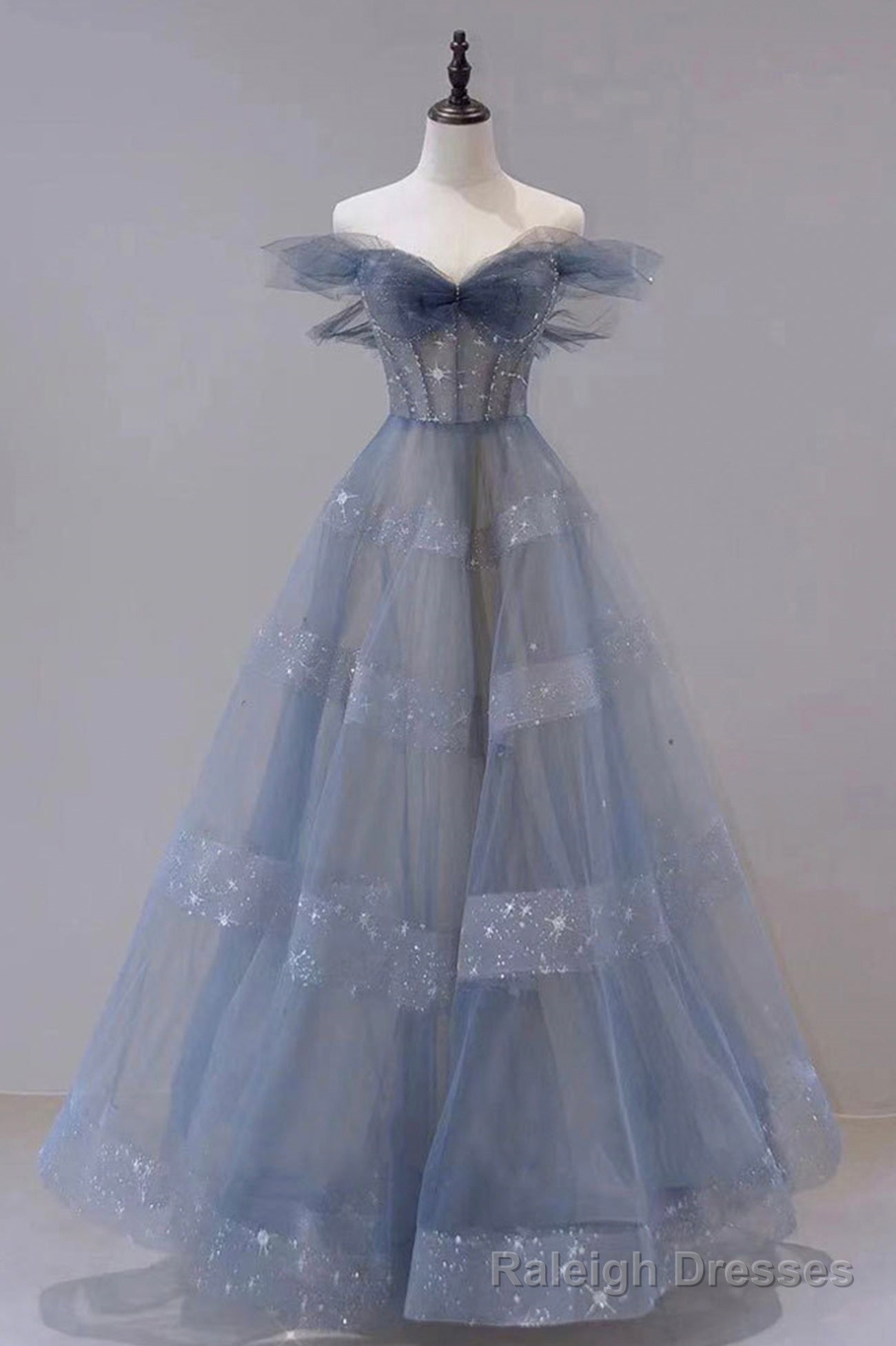 A Line Off Shoulder Layers Tulle Long Prom Dress, Blue Formal Dress Main image