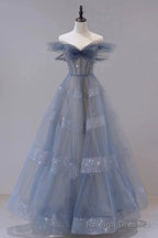 A Line Off Shoulder Layers Tulle Long Prom Dress, Blue Formal Dress