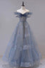A Line Off Shoulder Layers Tulle Long Prom Dress, Blue Formal Dress