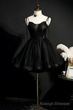 Black Tulle Short Prom Dress, Lovely A Line Spaghetti Strap Prom Dress