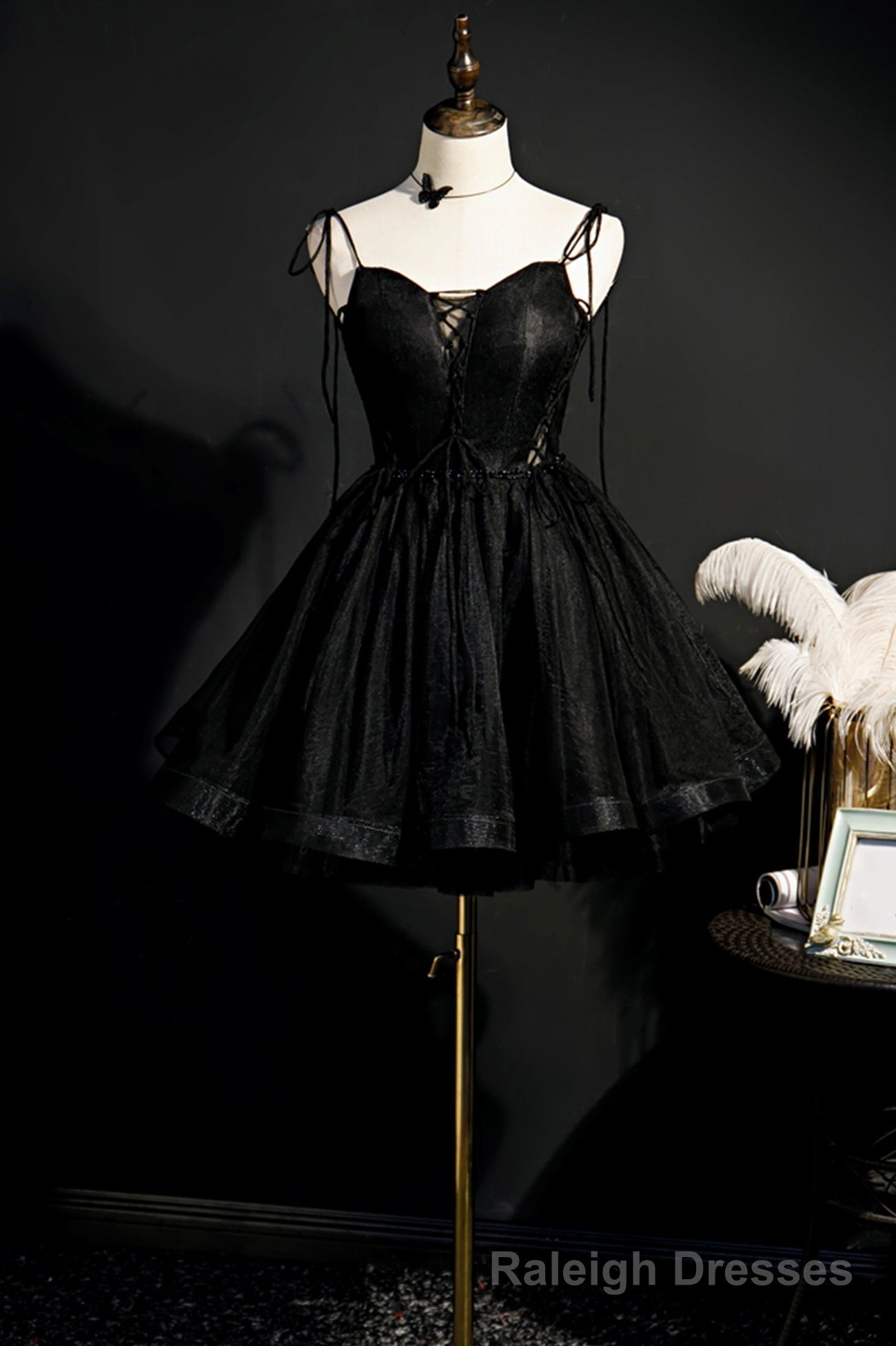 Black Tulle Short Prom Dress, Lovely A Line Spaghetti Strap Prom Dress