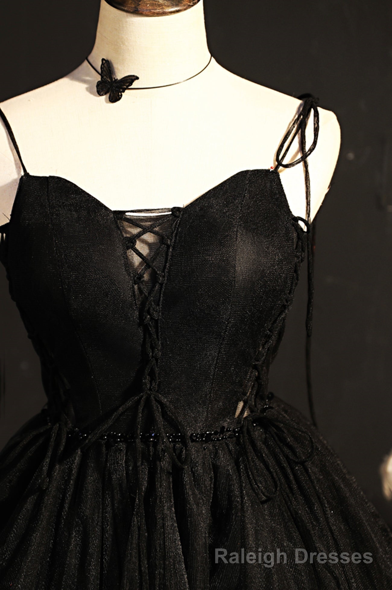 Black Tulle Short Prom Dress, Lovely A Line Spaghetti Strap Prom Dress