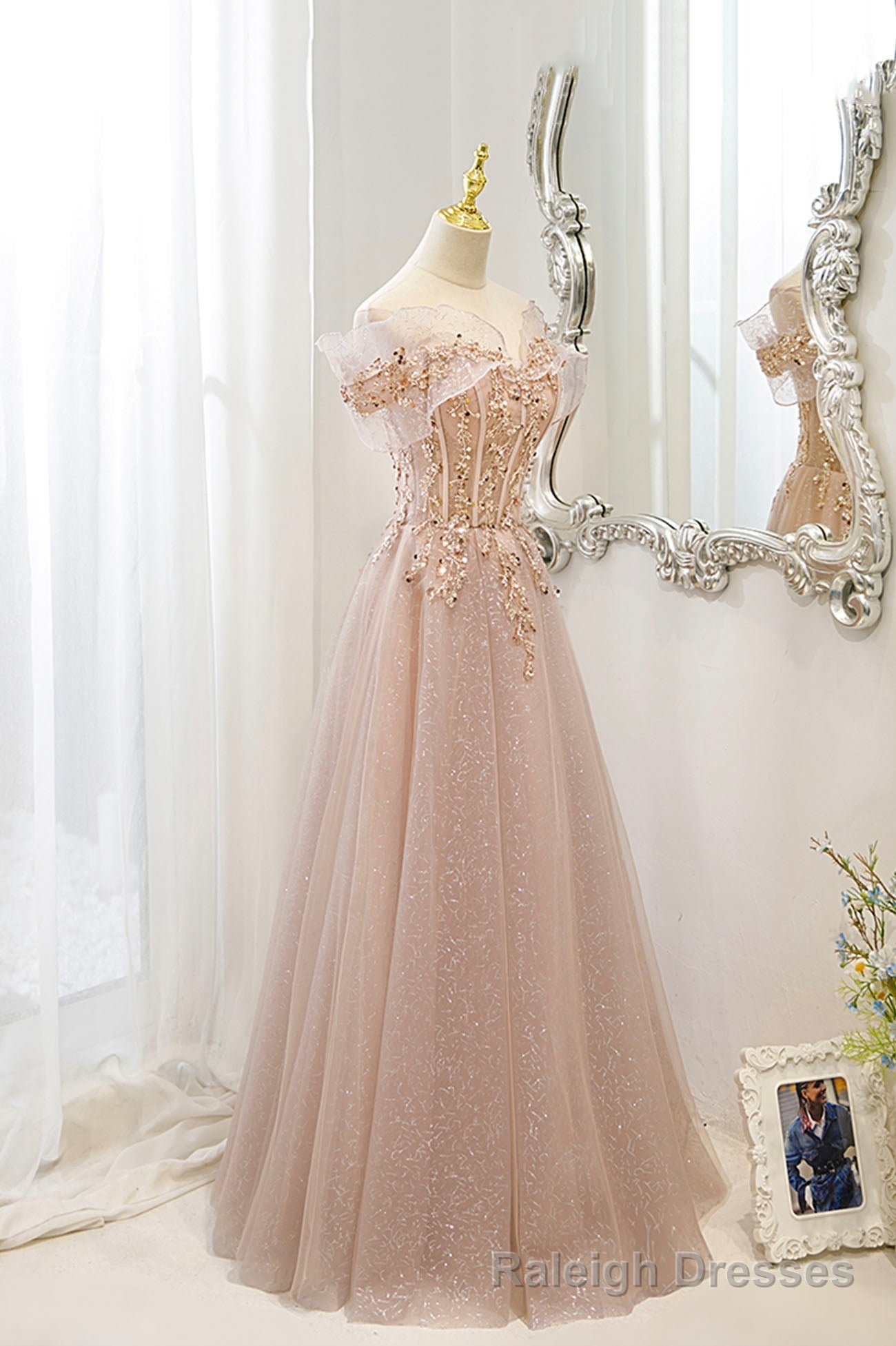 Pink Tulle Sequins Long Prom Dresses, A-Line Off the Shoulder Evening Dresses Main image