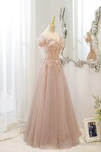 Pink Tulle Sequins Long Prom Dresses, A-Line Off the Shoulder Evening Dresses