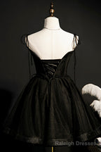 Black Tulle Short Prom Dress, Lovely A Line Spaghetti Strap Prom Dress
