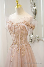 Pink Tulle Sequins Long Prom Dresses, A-Line Off the Shoulder Evening Dresses