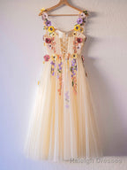 Champagne Corset Floral Tulle Party Dress, Cute A-Line Homecoming Dress