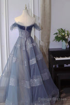 A-Line Off Shoulder Layers Tulle Long Evening Dress, Blue Formal Dress