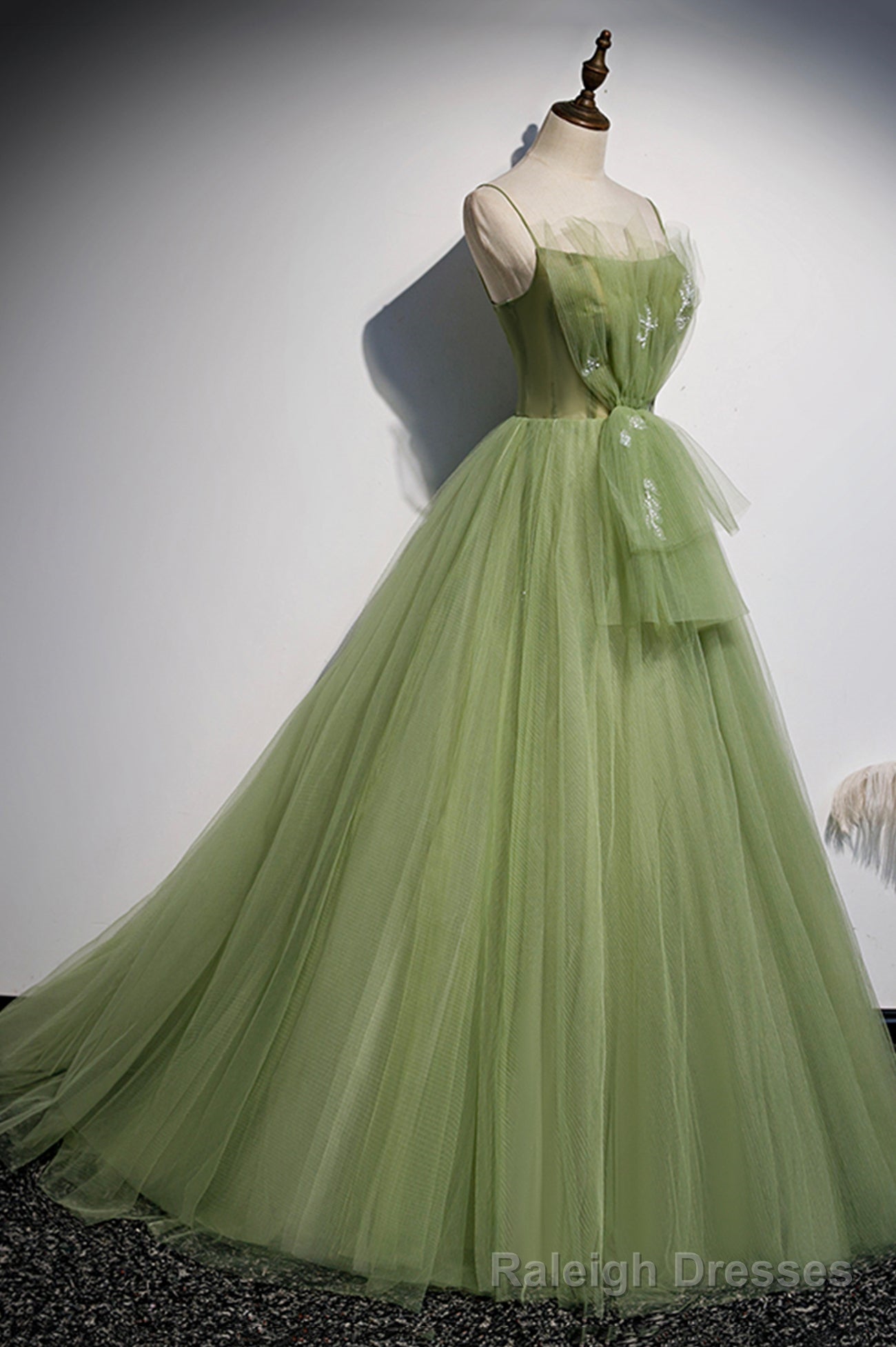 Green Tulle Long A-Line Prom Dresses, Green Spaghetti Straps Evening Dresses Secondary image