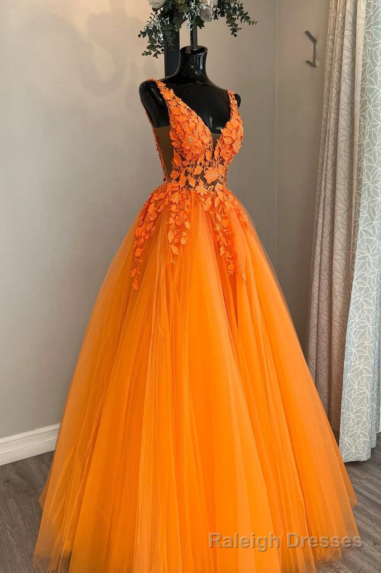 Orange V Neck Lace Long Prom Dresses, A Line Prom Prom Dresses Main image