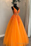 Orange V Neck Lace Long Prom Dresses, A Line Prom Prom Dresses