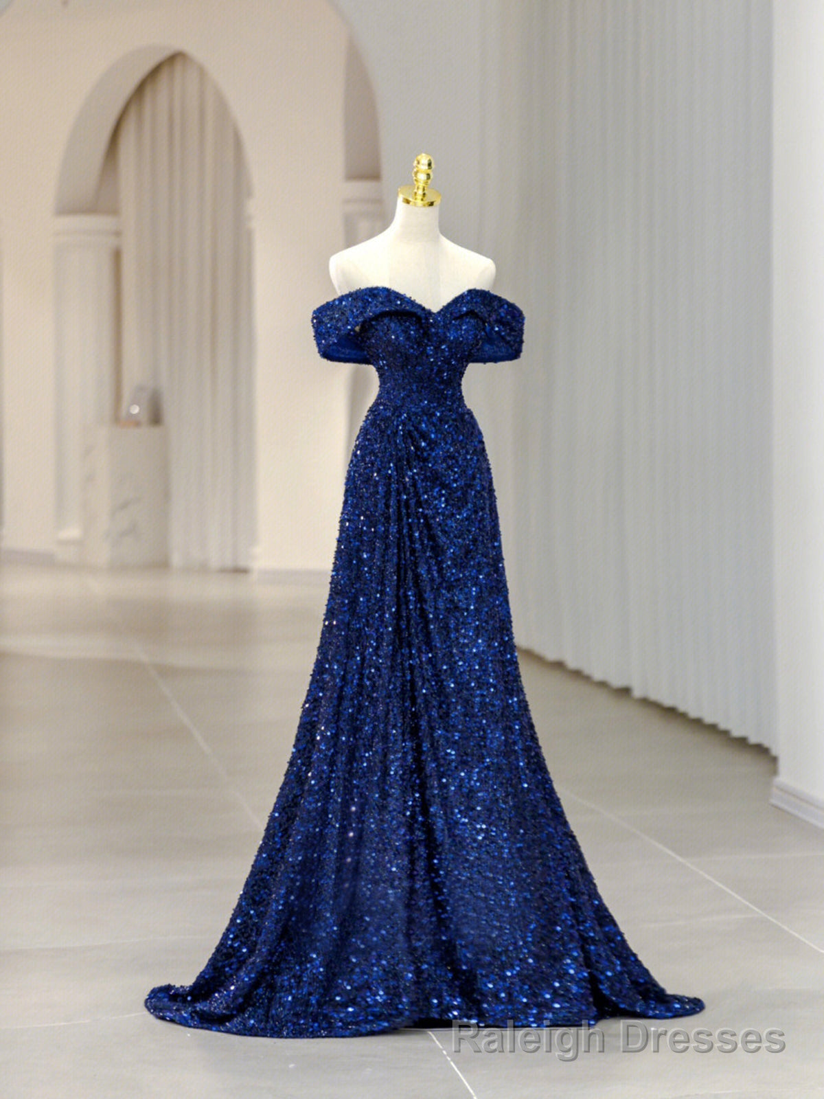 Blue Sequins Long Prom Dress, Off the Shoulder Blue Evening Dress Main image