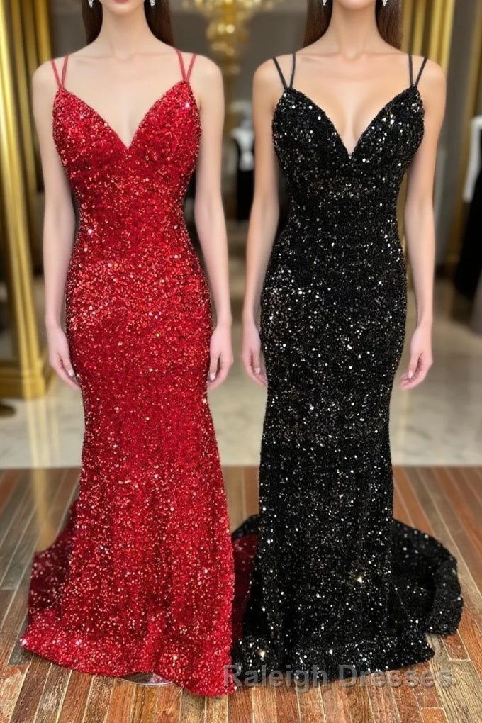 Mermaid Sequins Long Prom Dresses Spaghetti Strap Backless Prom Dresses