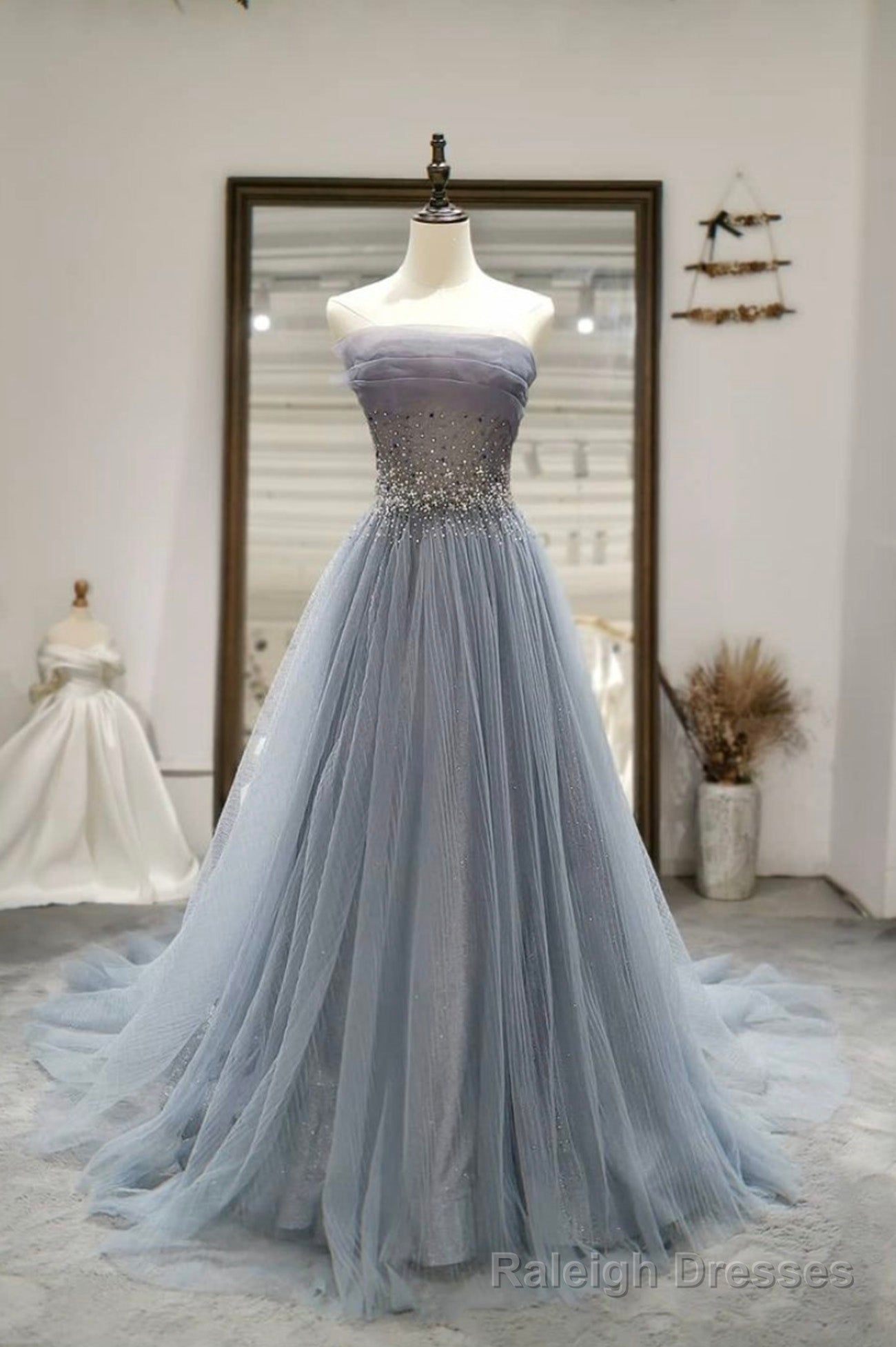 Gray Tulle Beading Long Prom Dresses, A-Line Strapless Evening Dresses Main image