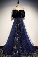 Blue Velvet Tulle Long Prom Dresses, Blue Formal Evening Dresses