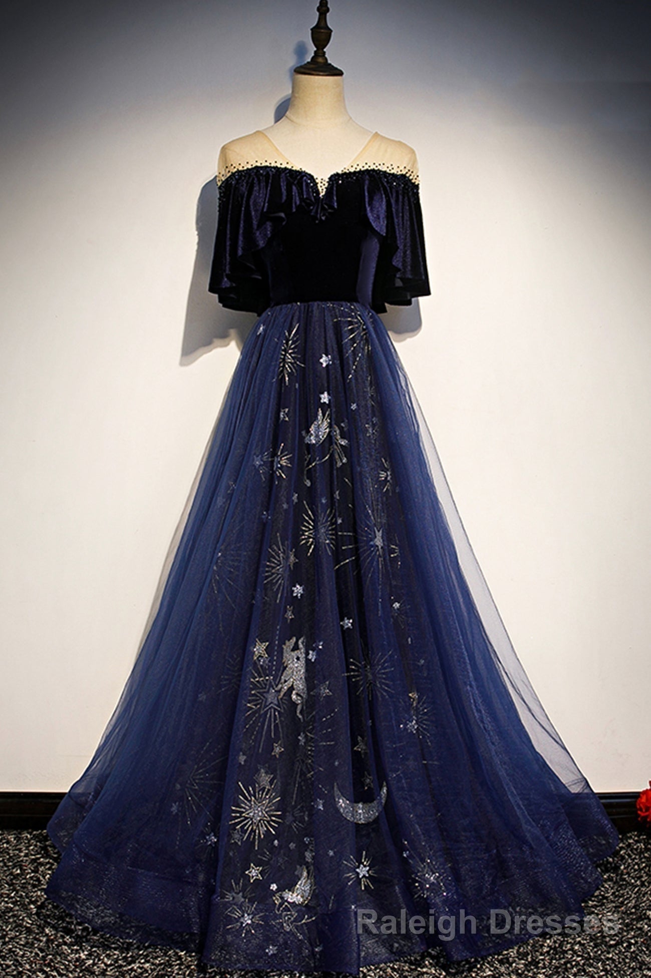 Blue Velvet Tulle Long Prom Dresses, Blue Formal Evening Dresses