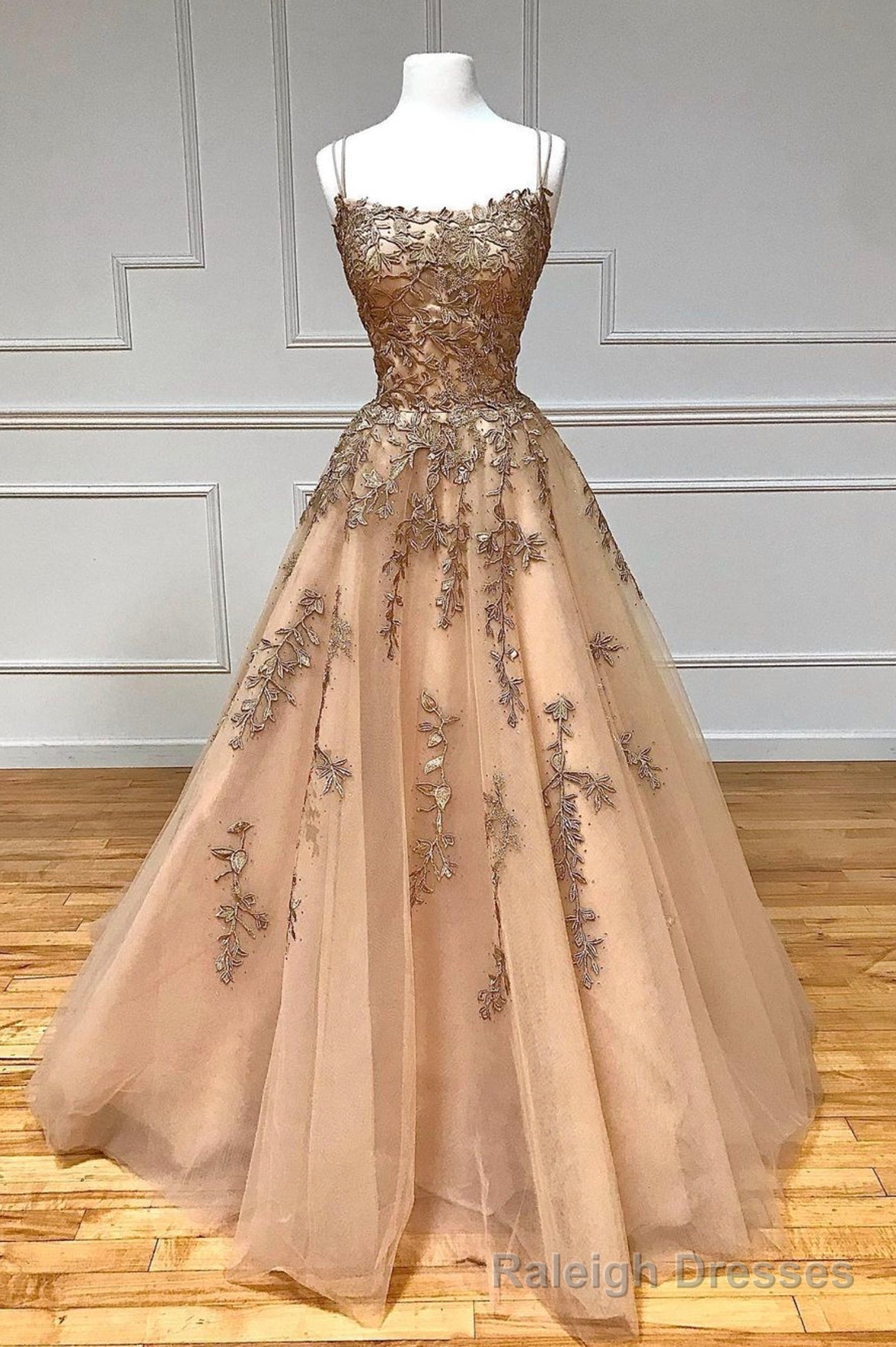 A Line Spaghetti Straps Lace Long Prom Dress, Lace Prom Dress Main image