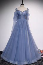 Blue Tulle Beading Long Prom Dresses, A-Line Formal Evening Dresses