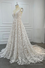 Elegant V-Neck Lace Long Prom Dresses, A-Line Evening Dresses