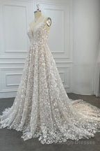 Elegant V Neck Lace Long Prom Dresses, A Line Prom Dresses