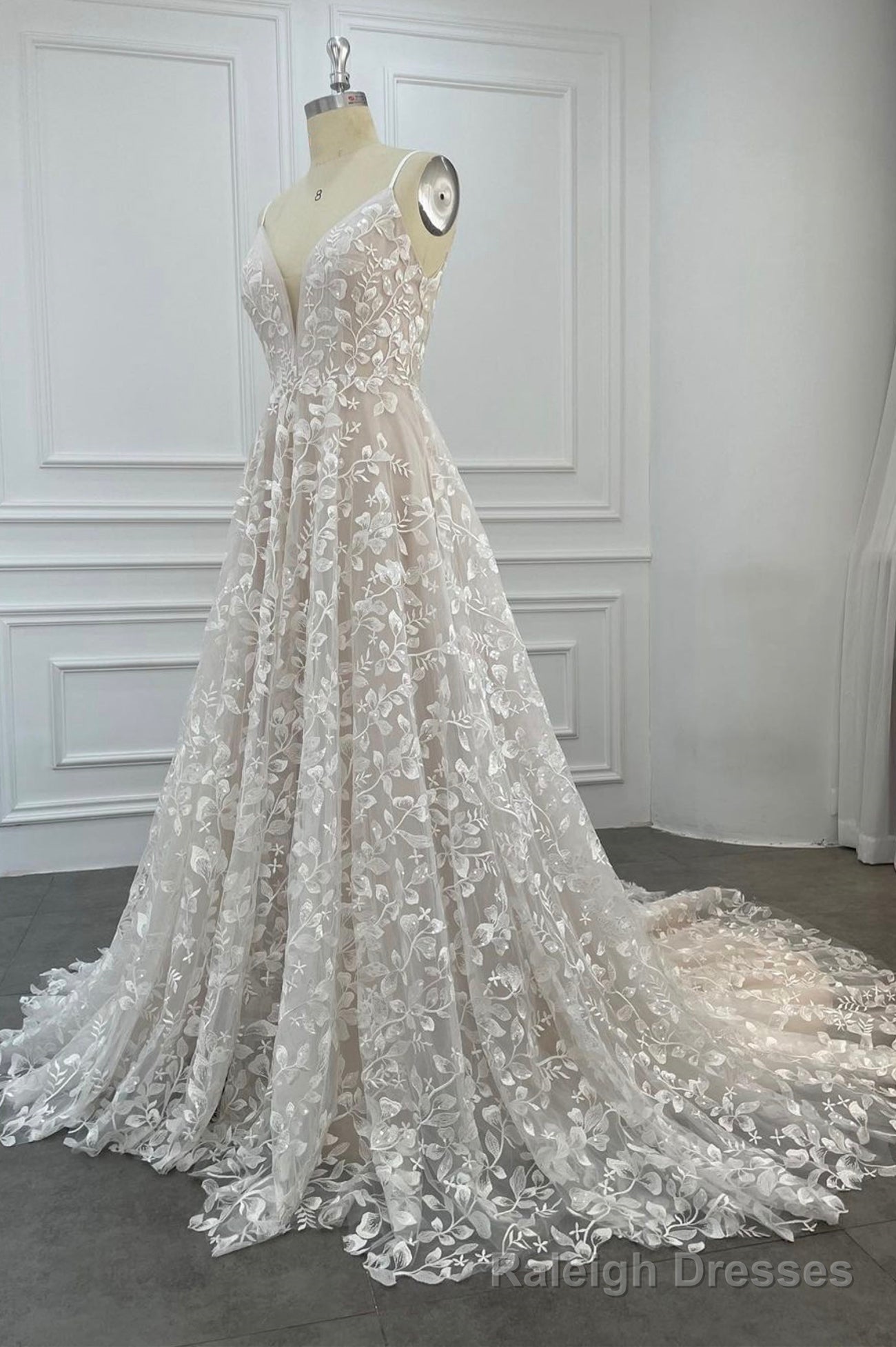 Elegant V Neck Lace Long Prom Dresses, A Line Prom Dresses