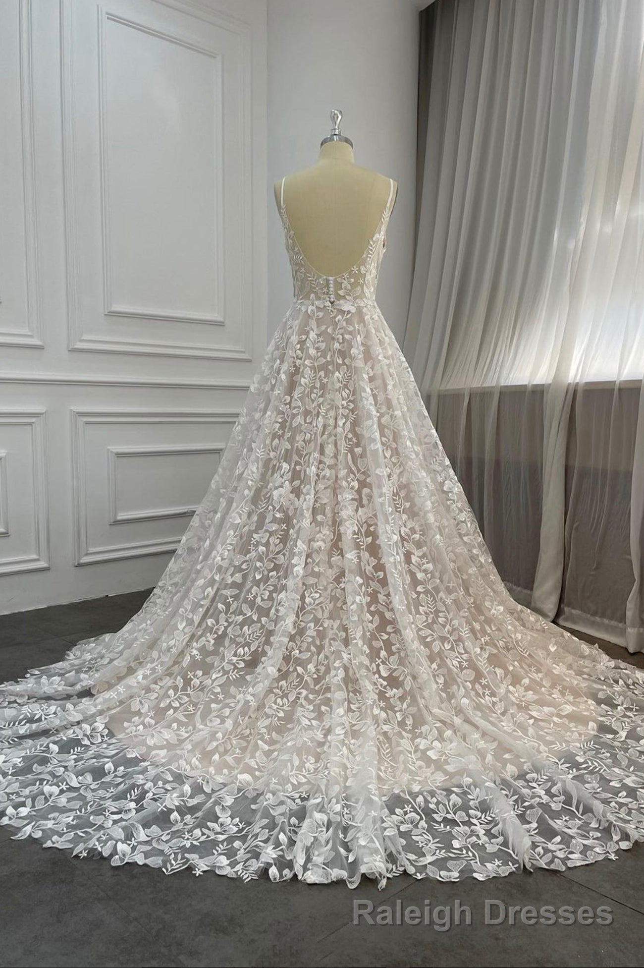 Elegant V Neck Lace Long Prom Dresses, A Line Prom Dresses Main image