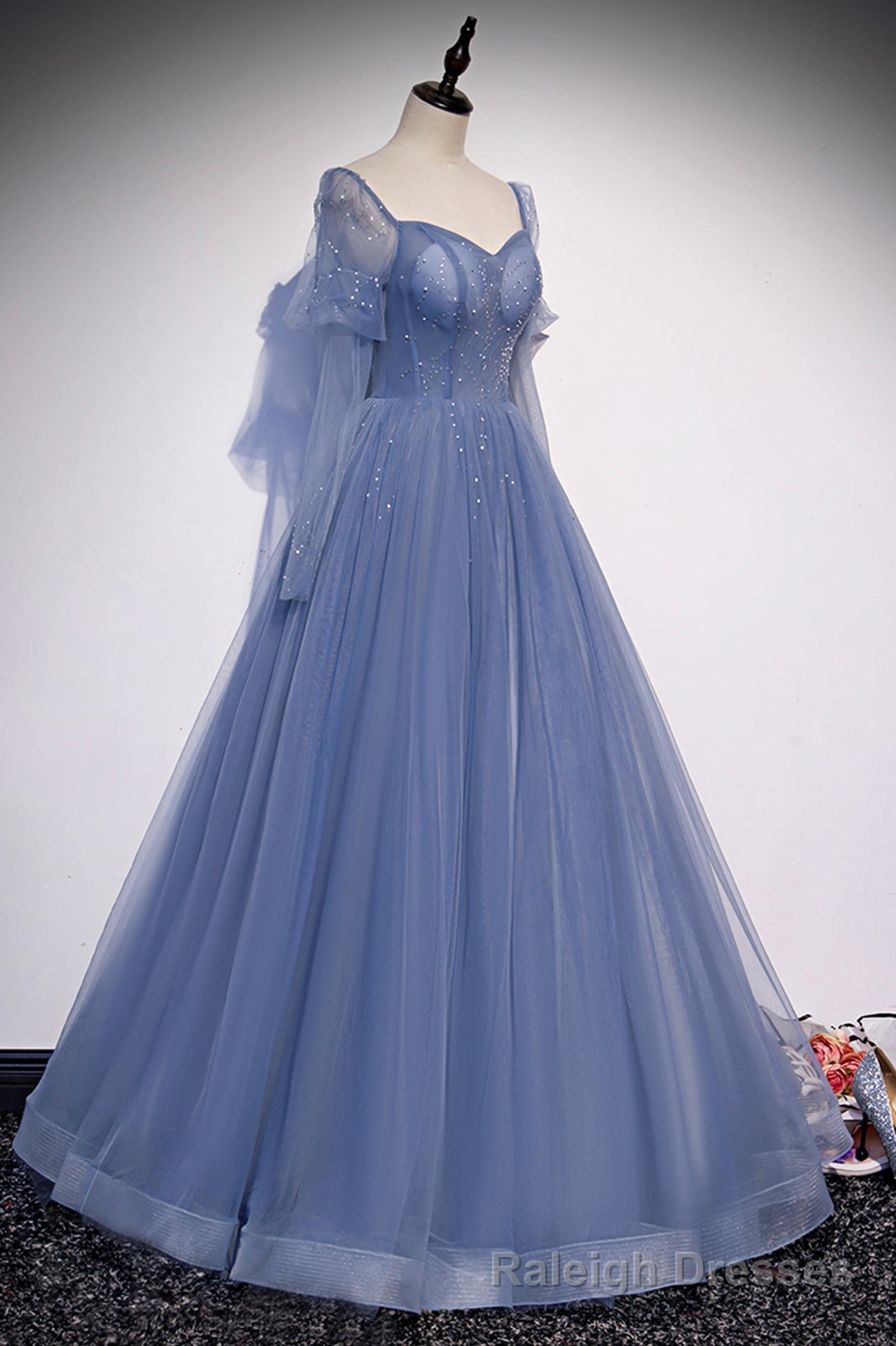Blue Tulle Beading Long Prom Dresses, A-Line Formal Evening Dresses Main image
