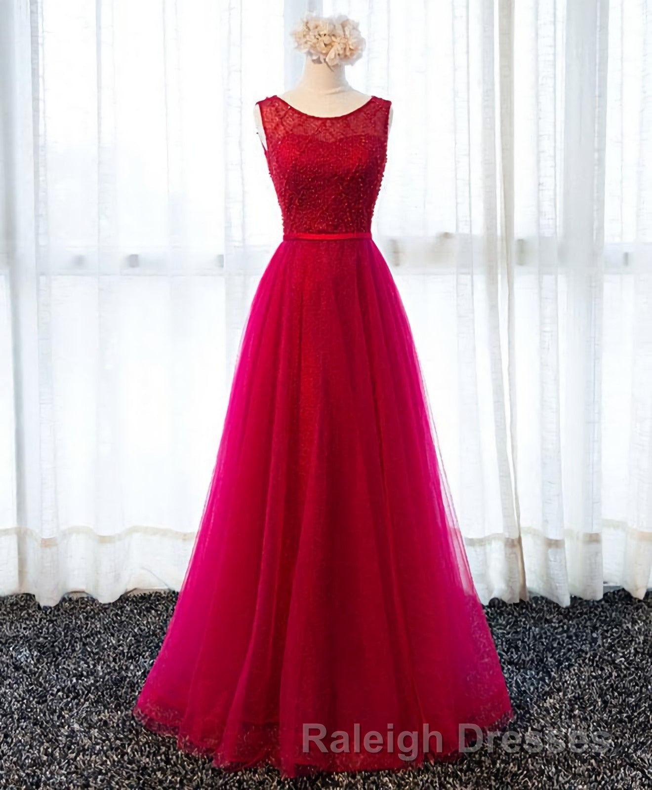 A Line Round Neck Tulle Long Prom Dress, Lace Evening Dress
