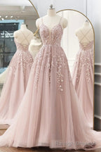 Pink Tulle Lace Long Prom Dresses, A Line Spaghetti Strap Prom Dresses