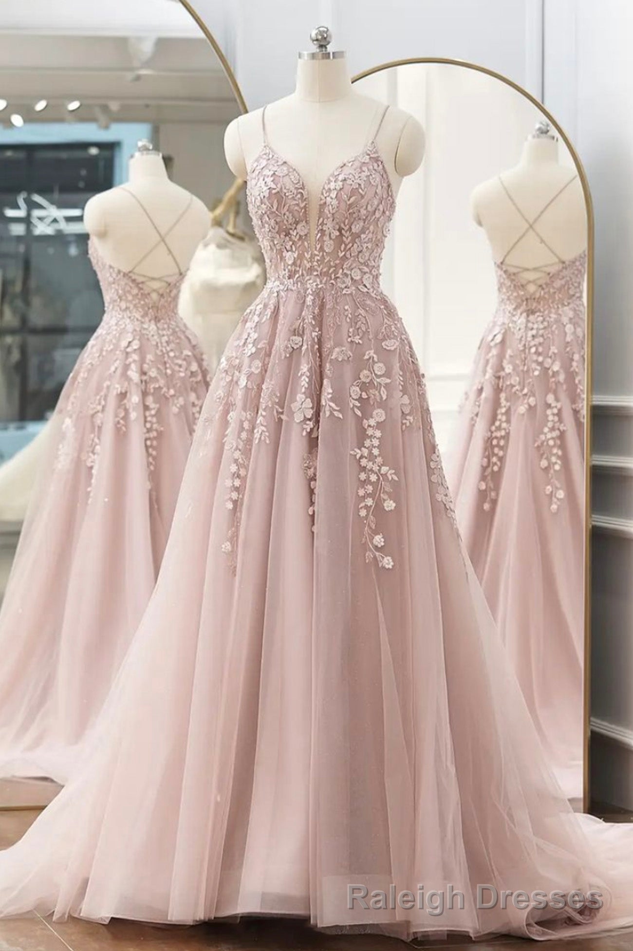 Pink Tulle Lace Long Prom Dresses, A Line Spaghetti Strap Prom Dresses