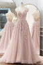 Pink Tulle Lace Long Prom Dresses, A Line Spaghetti Strap Prom Dresses