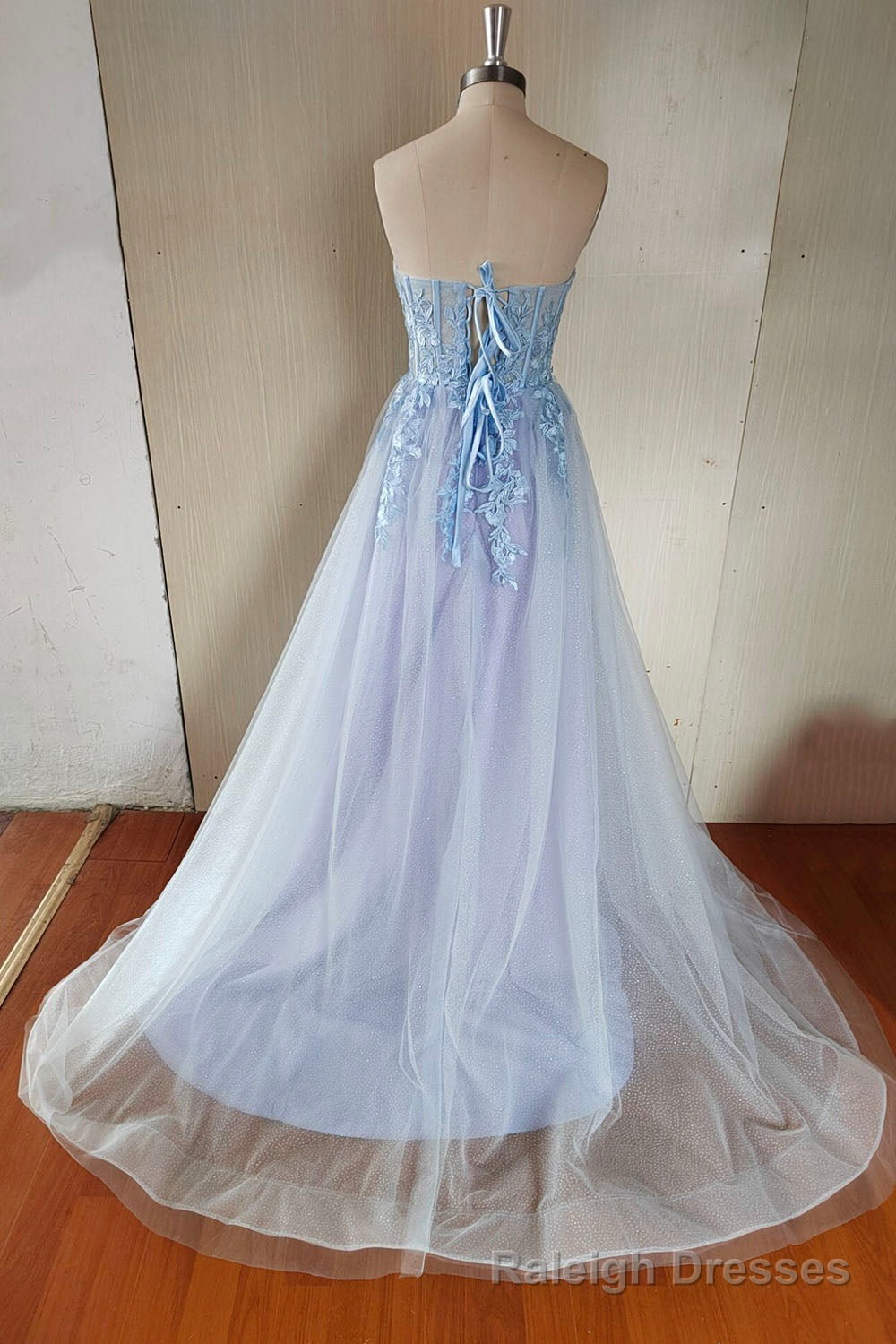 Blue Strapless Lace Long A-Line Prom Dress, Blue Evening Party Dress Main image