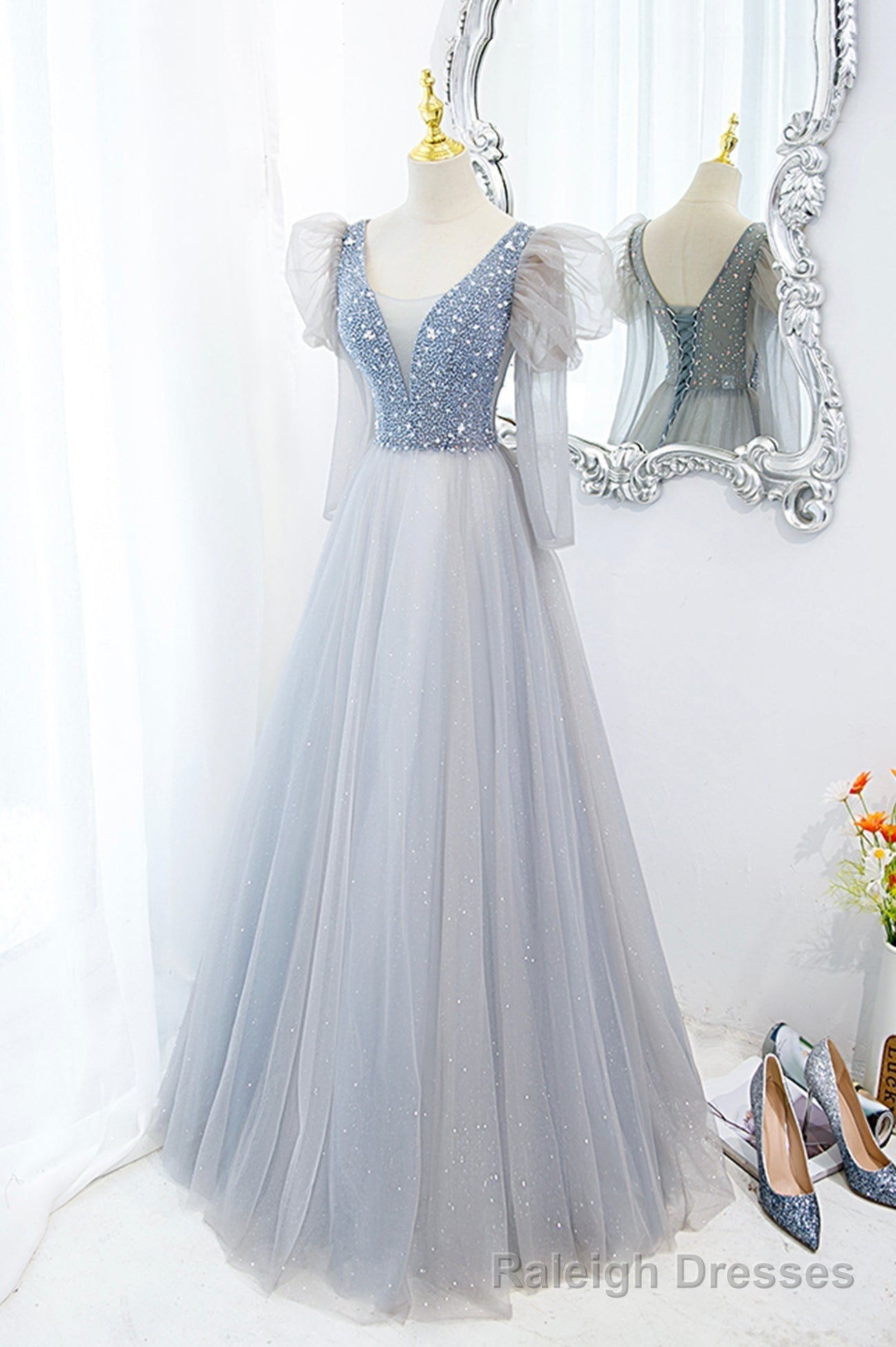 Cute V-Neck Tulle Beaded Long Prom Dress, Gray A-Line Evening Party Dress