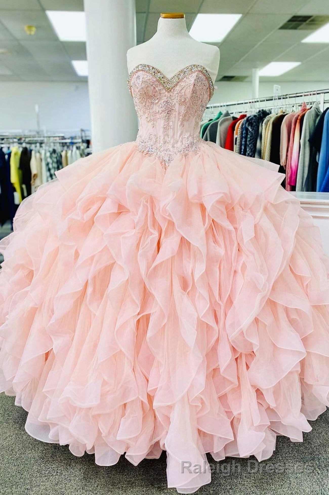 Pink Lace Beaded Long A Line Ball Gowns, Sweet 16 Dress Secondary image